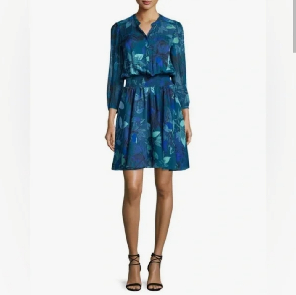 Rebecca Taylor Smocked Tahitian Flower Silk Chiffon Dress, Size 6